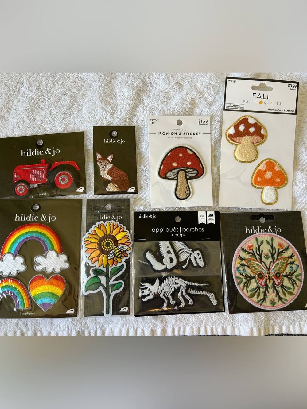 Hildie & Jo lot of 8 Iron on Patches. Dino rainbow fox daisy mushroom tractor
